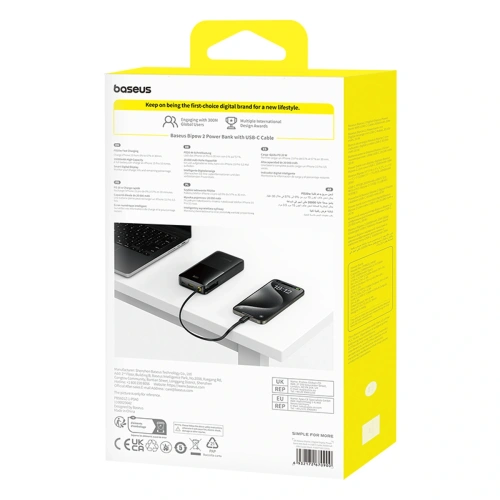 Powerbank Baseus Bipow 2 20000mah 20W z cyfrowym wyświetlaczem + wbudowany kabel USB-C czarny