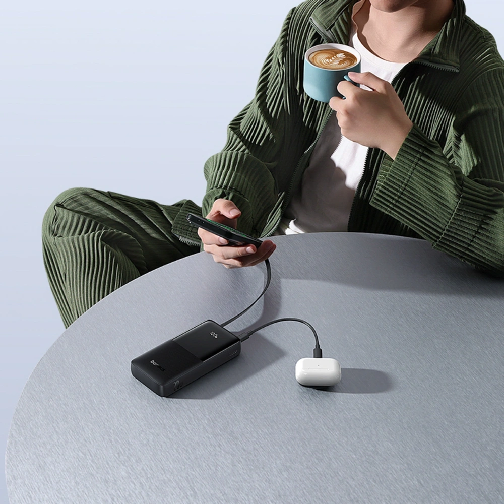 Powerbank Baseus Bipow 2 20000mah 20W z cyfrowym wyświetlaczem + wbudowany kabel USB-C czarny