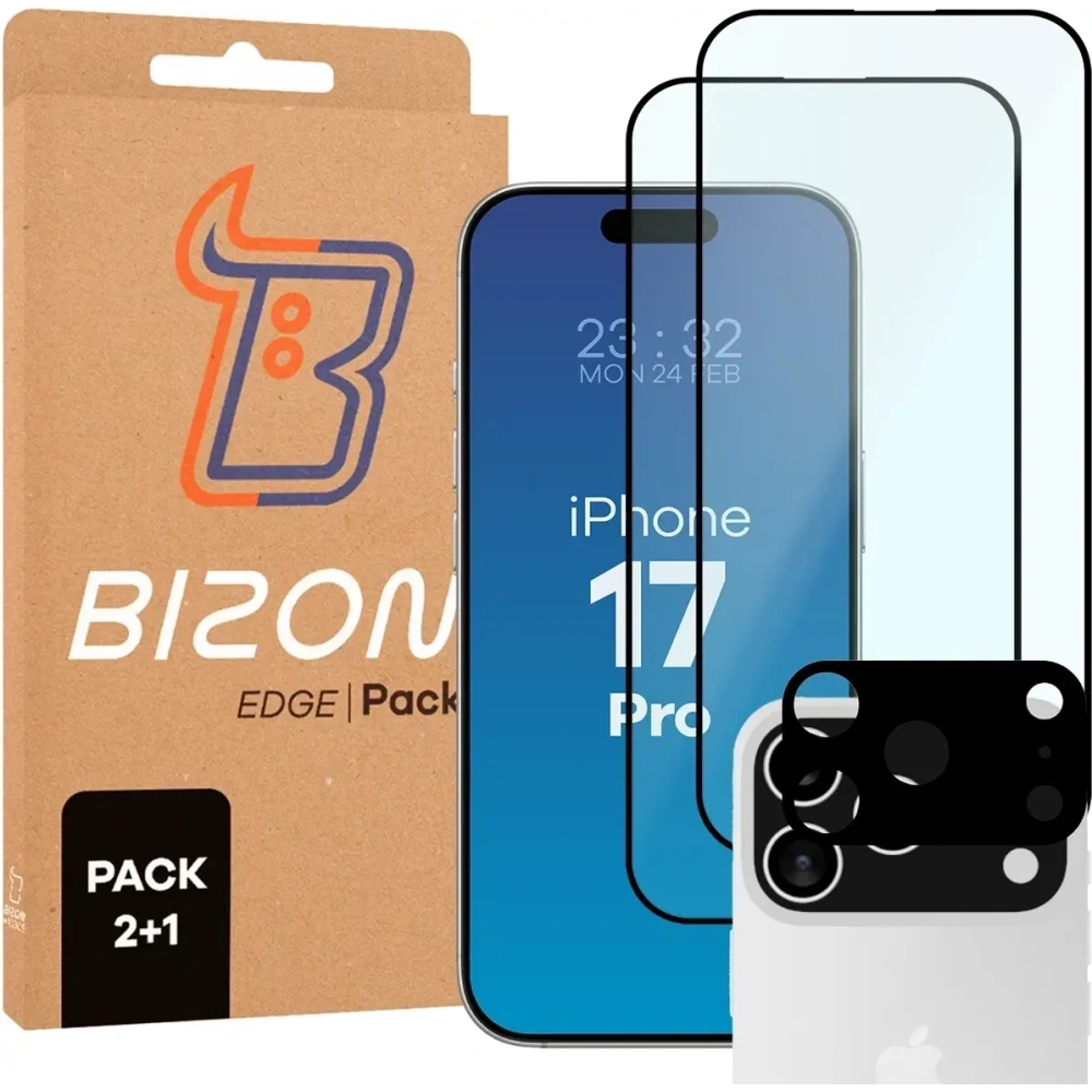 2x Szkło + szybka na aparat Bizon Edge Pack do Apple iPhone 17 Pro