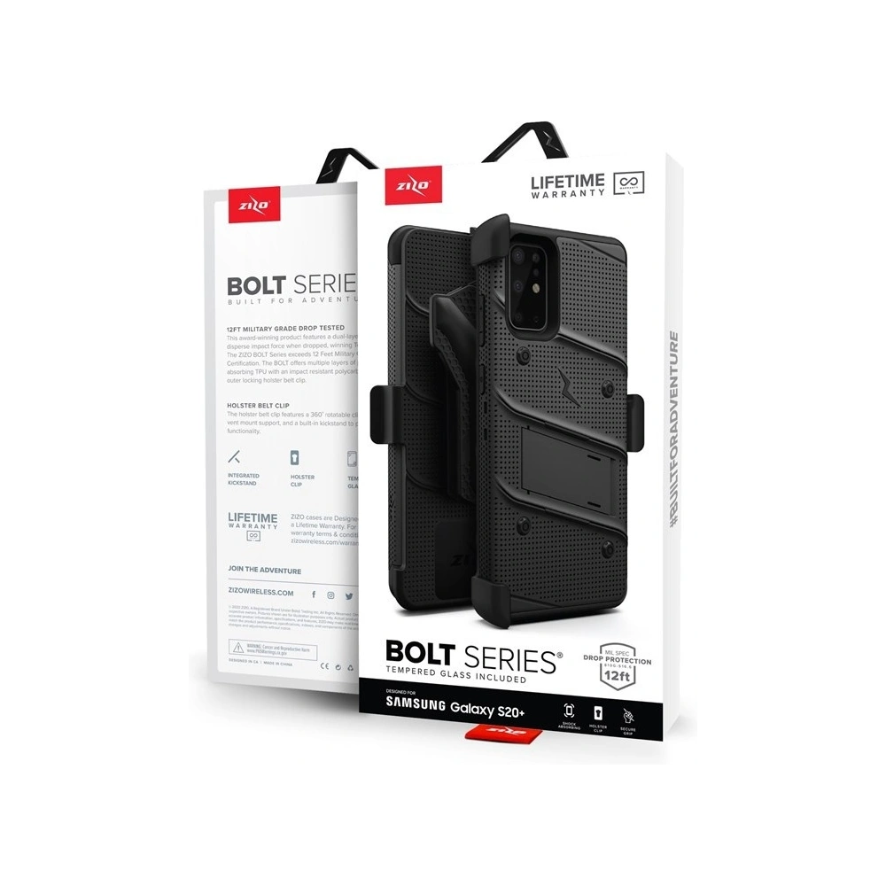 Hurtownia GSM - Pancéřové pouzdro Zizo Bolt Cover Samsung Galaxy S20+ Plus a stojánek & držák na pás (Černá/Černá) - ZIZ031BLK - {ean13} - Hurt
