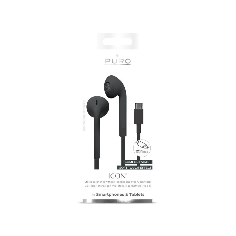 Hurtownia GSM - Słuchawki USB-C PURO ICON Stereo Earphones z płaskim kablem z mikrofonem i pilotem (czarny) - PUR298BLK - {ean13} - Hurt
