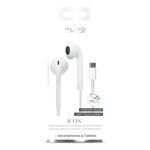 Sluchátka USB-C PURO ICON Stereo Earphones s plochým kabelem, mikrofonem a ovládáním (bílá)