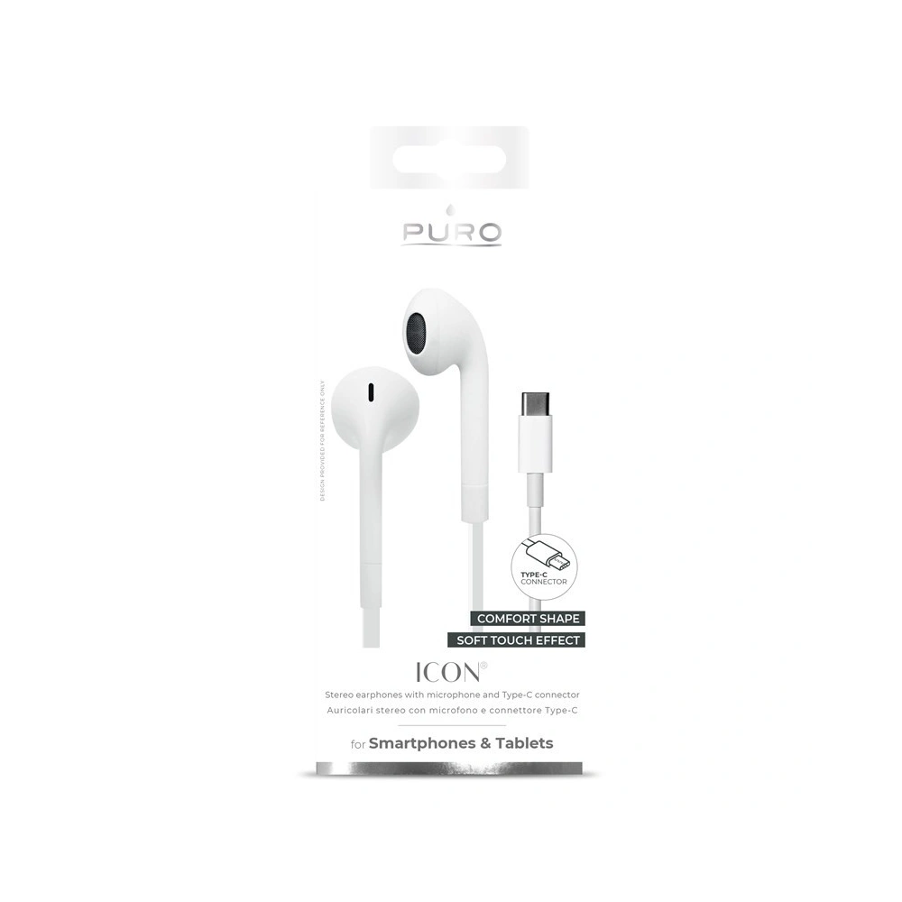 Wholesale PURO ICON Stereo Earphones USB-C, flat cable, microphone + remote control (white) - PUR299WHT - {ean13} - Hurt