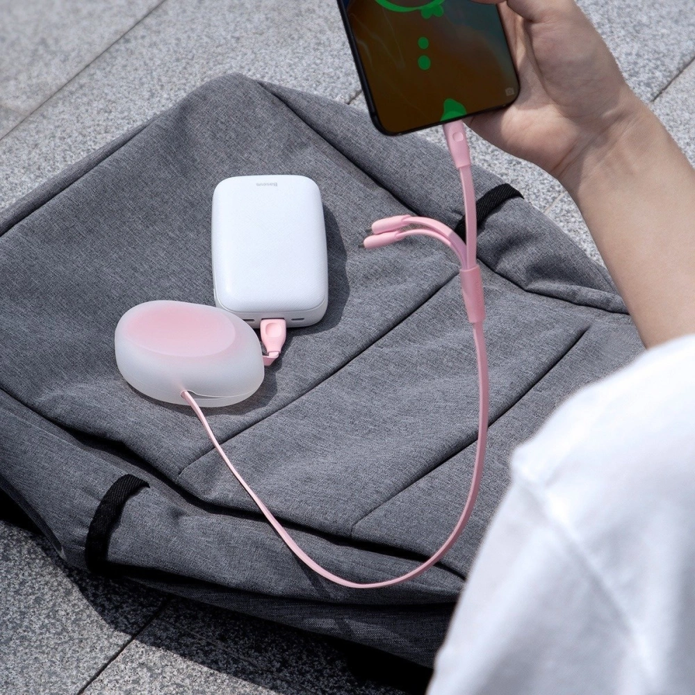 Hurtownia GSM - Skládací USB kabel 3w1 Baseus Let's go Little Reunion, Lightning / USB-C / micro USB, 3A, 0,85m (bílá-růžová) - BSU1587WHTPNK - {ean13} - Hurt