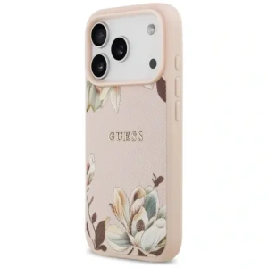 Etui Guess Grained Flowers Classic Logo MagSafe do Apple iPhone 17 Pro różowy
