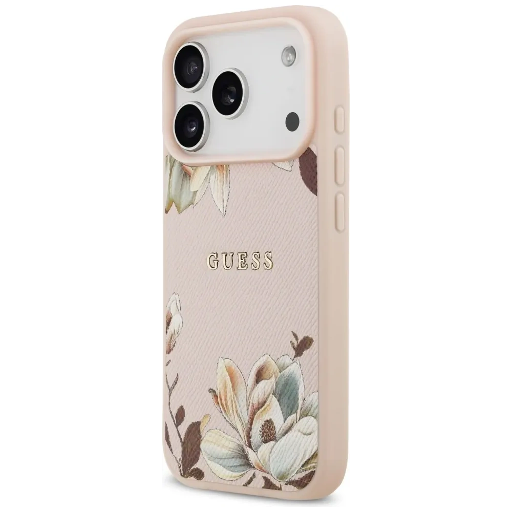 Etui Guess Grained Flowers Classic Logo MagSafe do Apple iPhone 17 Pro różowy