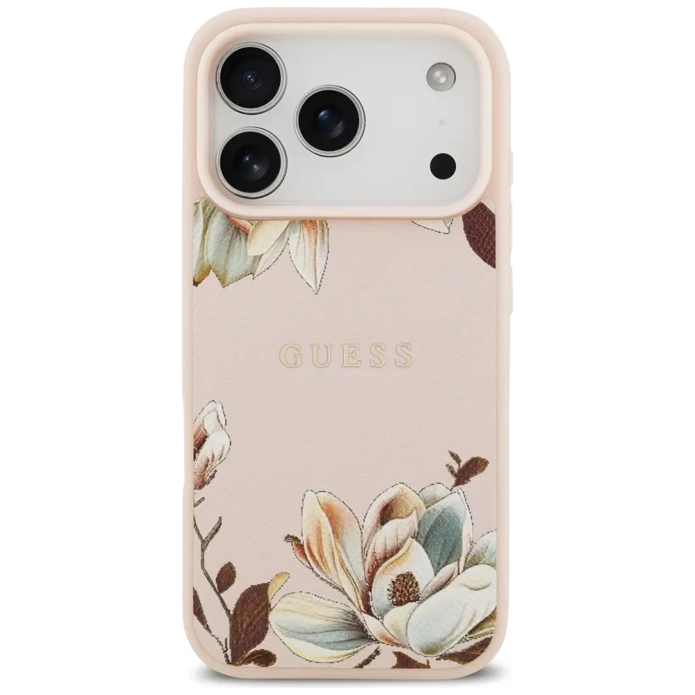 Etui Guess Grained Flowers Classic Logo MagSafe do Apple iPhone 17 Pro różowy