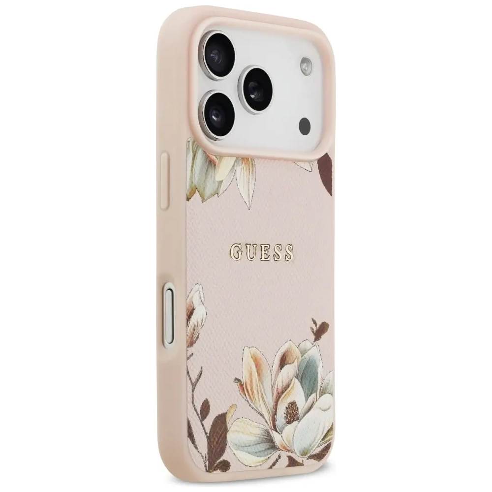 Etui Guess Grained Flowers Classic Logo MagSafe do Apple iPhone 17 Pro różowy