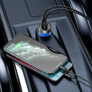 Hurtownia GSM - Ładowarka samochodowa Baseus Particular Digital Display z wyświetlaczem, USB + USB-C, QC3.0+PD, 5A, 65W (srebrna) - BSU1596SLV - {ean13} - Hurt