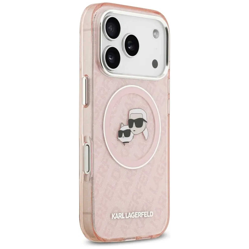 Etui Karl Lagerfeld IML Glitter Karl & Choupette Heads Logo MagSafe do Apple iPhone 17 Pro różowy
