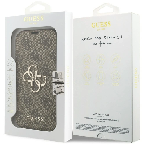 Etui Guess Book 4G Metal Logo do Apple iPhone 17 Pro brązowy