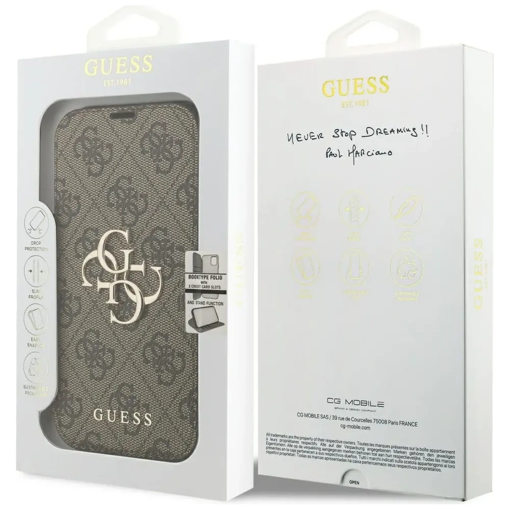 Etui Guess Book 4G Metal Logo do Apple iPhone 17 Pro brązowy