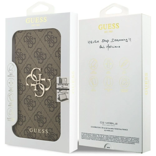 Etui Guess Book 4G Metal Logo do Apple iPhone 17 Pro Max brązowy
