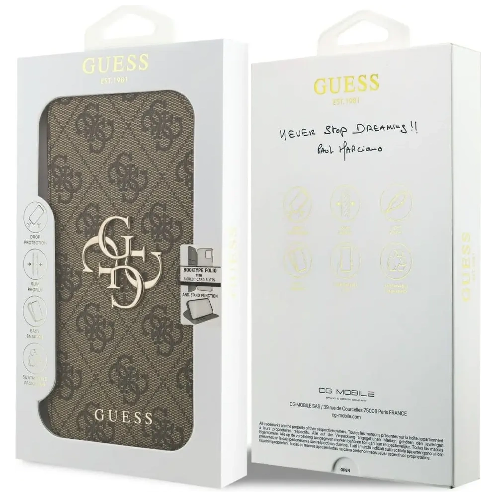 Etui Guess Book 4G Metal Logo do Apple iPhone 17 Pro Max brązowy