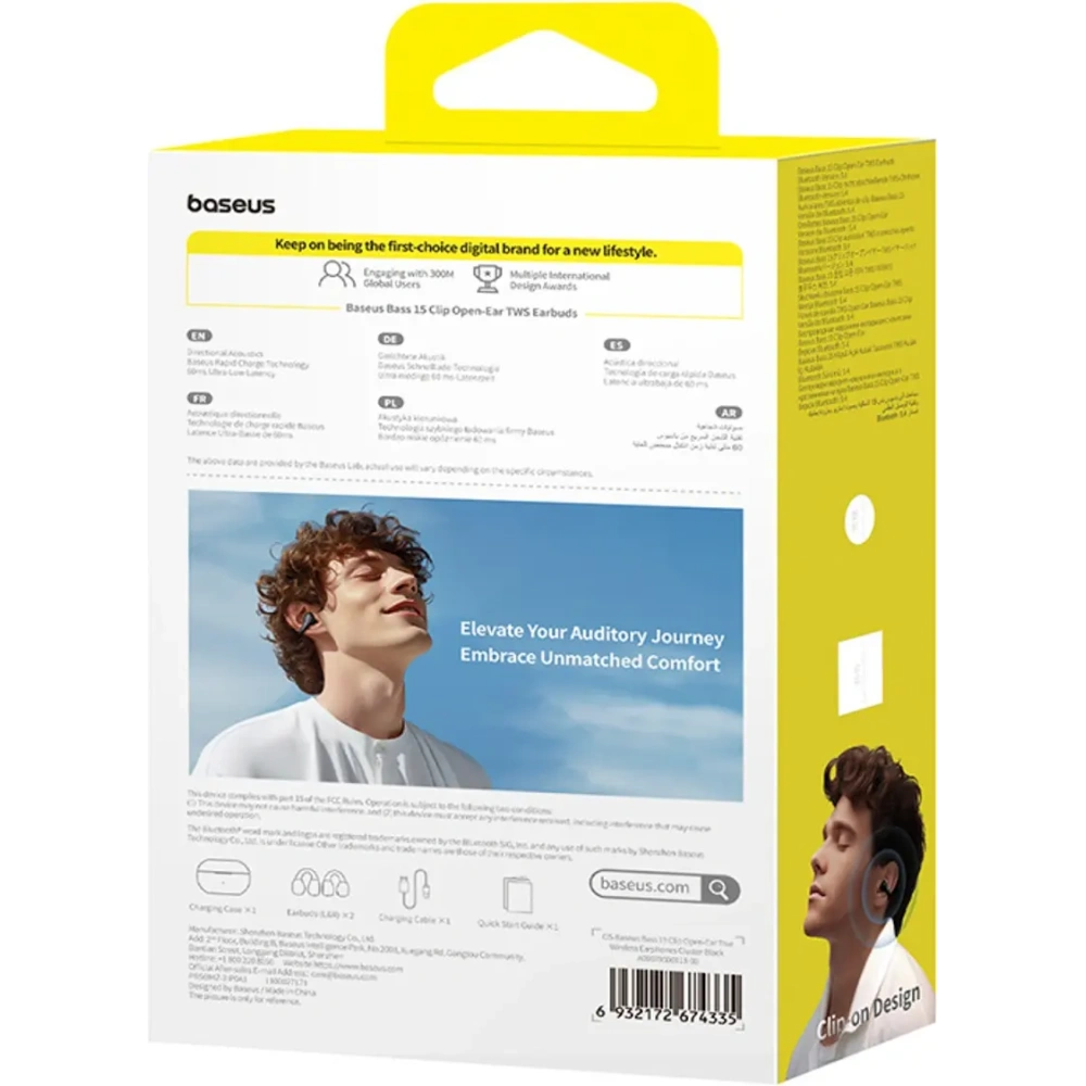 Bezprzewodowe słuchawki Baseus Bass 15 Clip OWS + kabel Baseus Simple USB-C 3A 30cm czarne