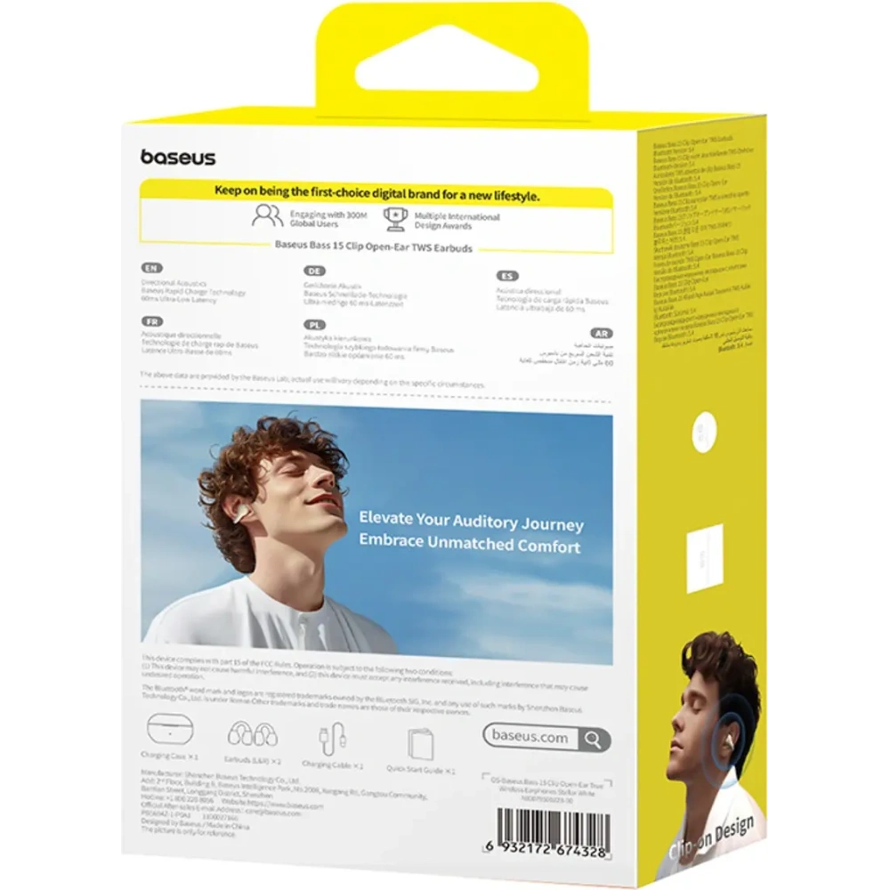 Bezprzewodowe słuchawki Baseus Bass 15 Clip OWS + kabel Baseus Simple USB-C 3A 30cm białe