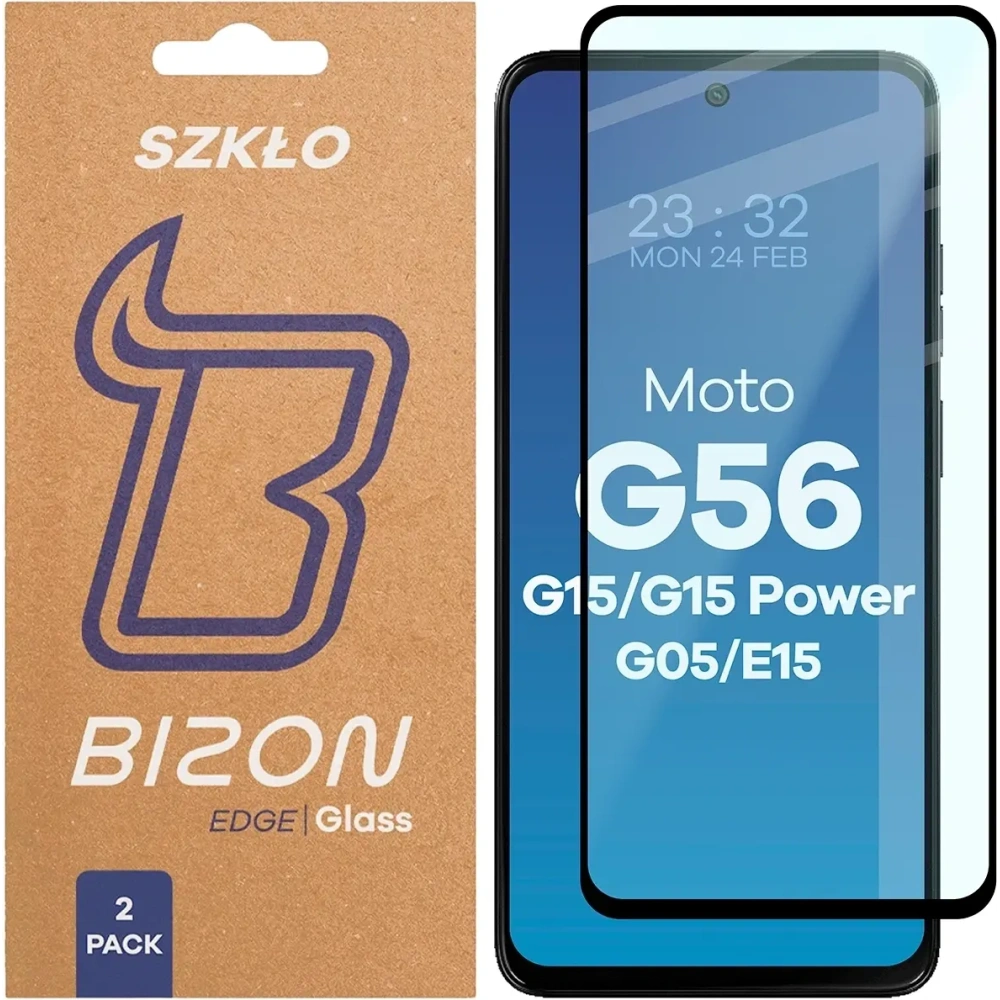 Szkło hartowane Bizon Glass Edge Duo do Motorola Moto G15 / G15 Power / G05 / E15 / G56 5G czarna ramka [2 PACK]