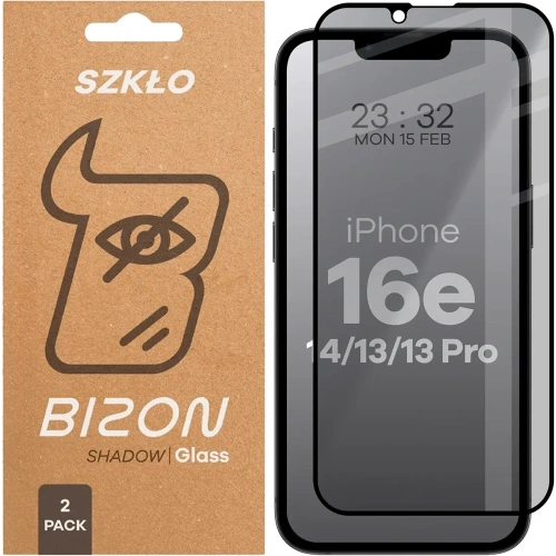 Prywatyzujące szkło hartowane Bizon Glass Edge Shadow Duo do Apple iPhone 16e / 14 / 13 Pro / 13 przyciemniane z czarną ramką [2 PACK]