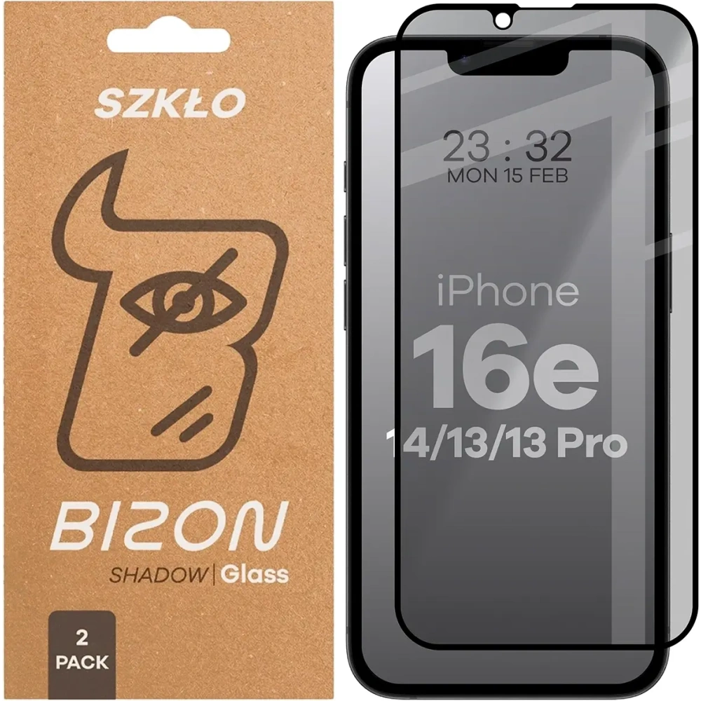 Prywatyzujące szkło hartowane Bizon Glass Edge Shadow Duo do Apple iPhone 16e / 14 / 13 Pro / 13 przyciemniane z czarną ramką [2 PACK]