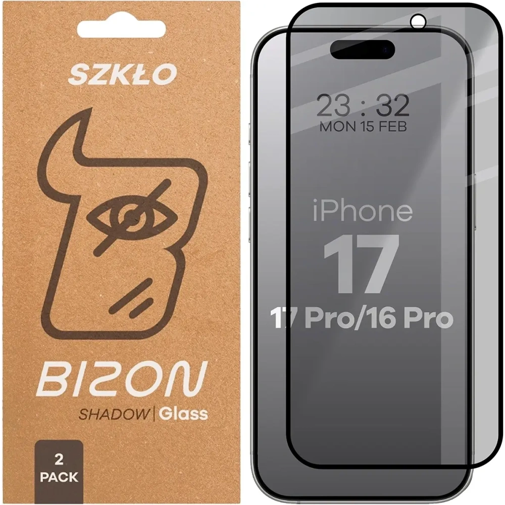 Prywatyzujące szkło hartowane Bizon Glass Edge Shadow Duo do Apple iPhone 17 / 17 Pro / 16 Pro przyciemniane z czarną ramką [2 PACK]
