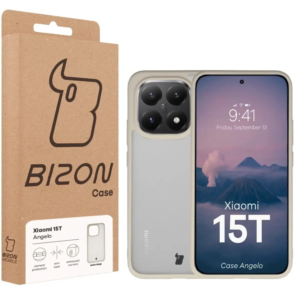 Etui Bizon Case Angelo do Xiaomi 15T półprzezroczyste z beżową ramką