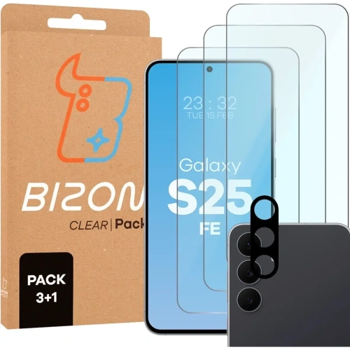 3x Szkło hartowane + szybka na aparat Bizon Glass Clear Pack do Samsung Galaxy S25 FE