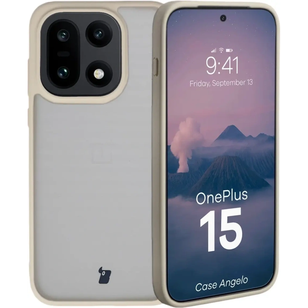 Etui Bizon Case Angelo do OnePlus 15 półprzezroczyste z beżową ramką
