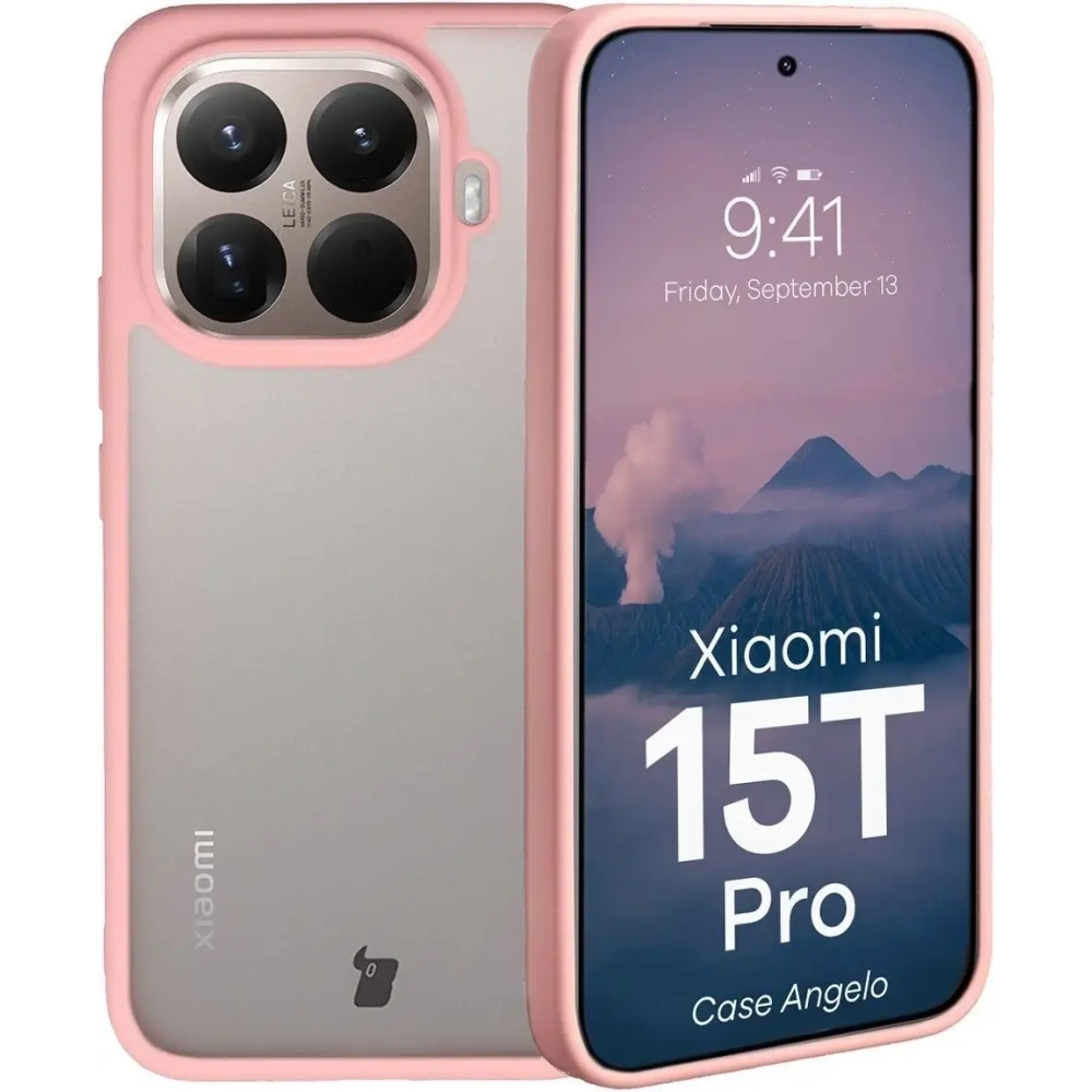 Etui Bizon Case Angelo do Xiaomi 15T Pro półprzezroczyste z jasnoróżową ramką