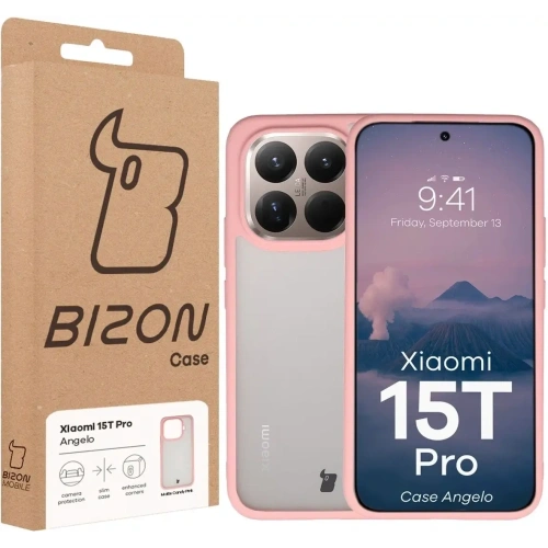 Etui Bizon Case Angelo do Xiaomi 15T Pro półprzezroczyste z jasnoróżową ramką