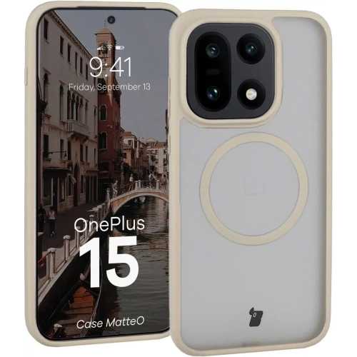 Etui z pierścieniem magnetycznym Bizon Case MatteO do OnePlus 15 przydymione-beżowe