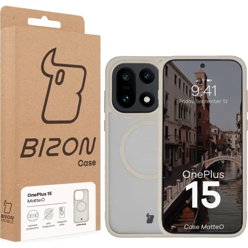 Etui z pierścieniem magnetycznym Bizon Case MatteO do OnePlus 15 przydymione-beżowe