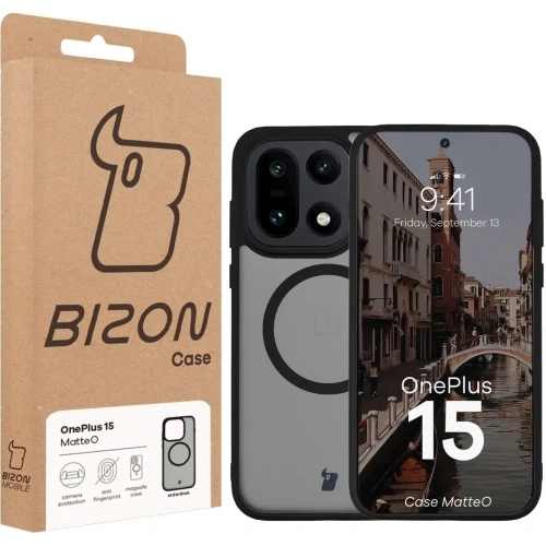 Etui z pierścieniem magnetycznym Bizon Case MatteO do OnePlus 15 przydymione-czarne
