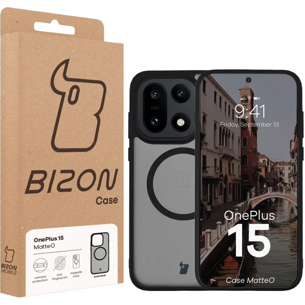 Etui z pierścieniem magnetycznym Bizon Case MatteO do OnePlus 15 przydymione-czarne