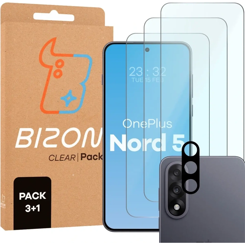 3x szkło hartowane + szybka na aparat Bizon Glass Clear Pack do OnePlus Nord 5
