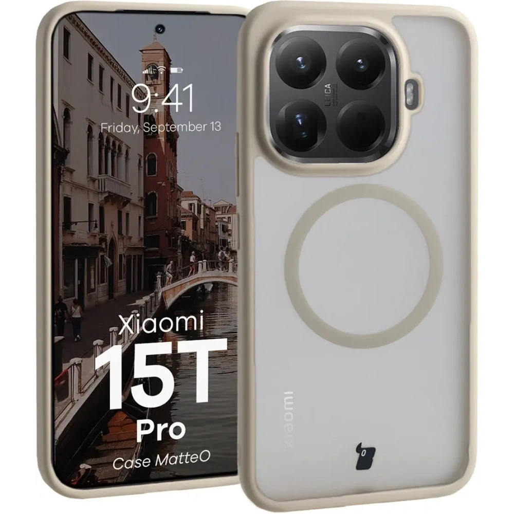Etui z pierścieniem magnetycznym Bizon Case MatteO do Xiaomi 15T Pro przydymione-beżowe