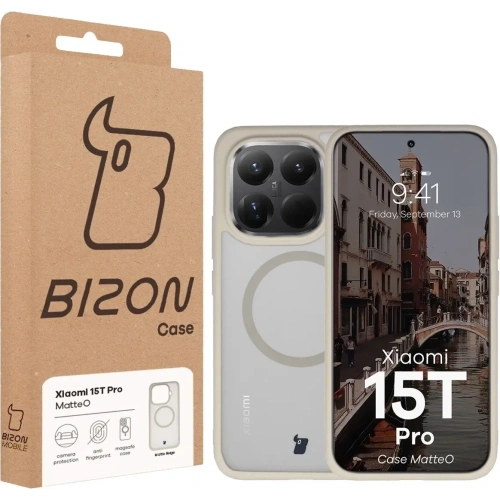 Etui z pierścieniem magnetycznym Bizon Case MatteO do Xiaomi 15T Pro przydymione-beżowe