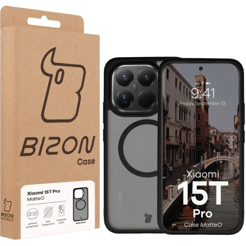 Etui z pierścieniem magnetycznym Bizon Case MatteO do Xiaomi 15T Pro przydymione-czarne