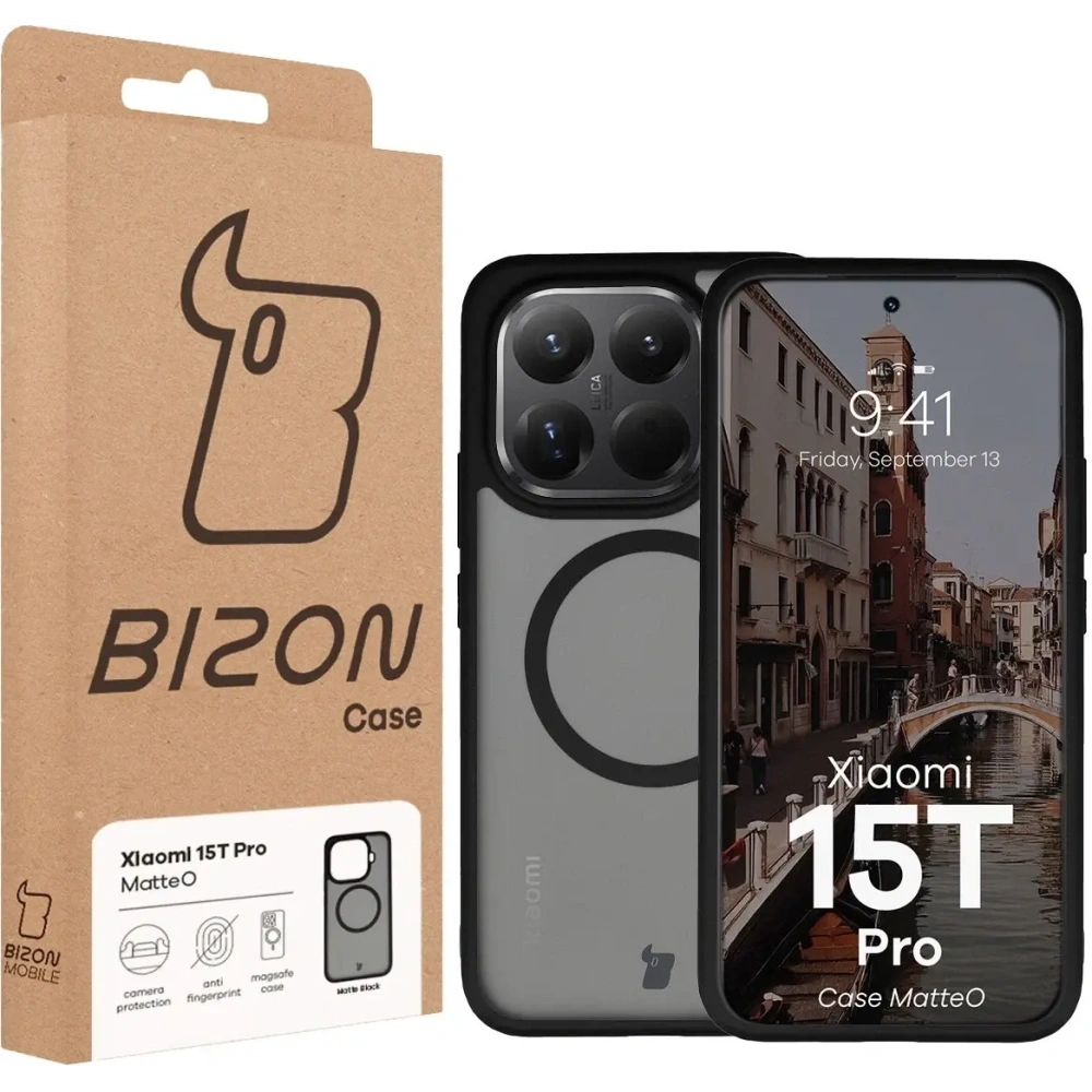 Etui z pierścieniem magnetycznym Bizon Case MatteO do Xiaomi 15T Pro przydymione-czarne