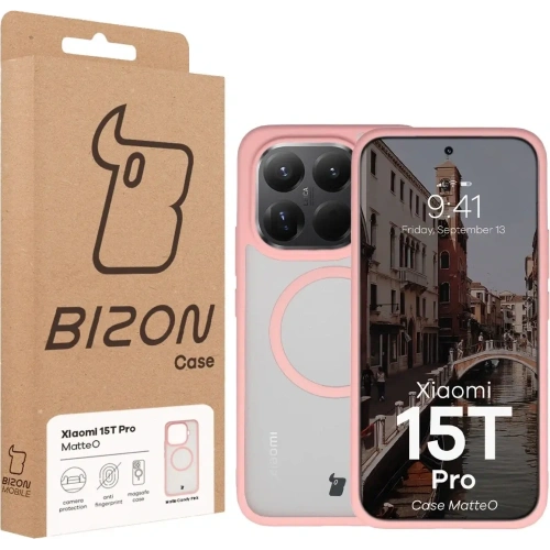 Etui z pierścieniem magnetycznym Bizon Case MatteO do Xiaomi 15T Pro przydymione-jasnoróżowe