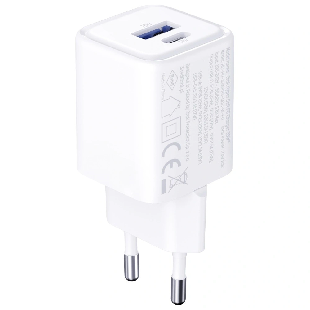Ładowarka sieciowa 3MK Hyper Charger PD 33W GaN QC4+ PPS AFC FCP SCP USB-A + USB-C biały