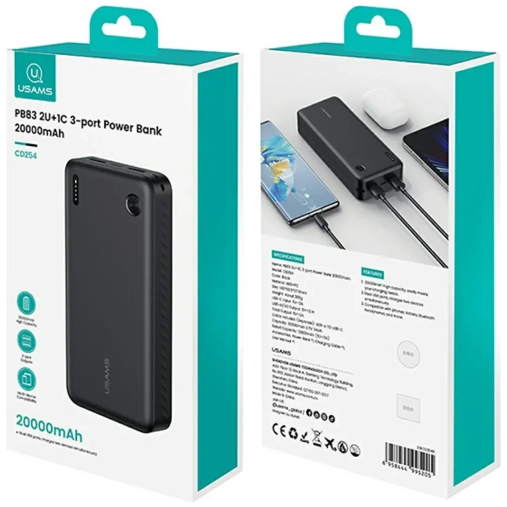 Powerbank USAMS PB83 2xUSB-A, USB-C 20000mAh biały