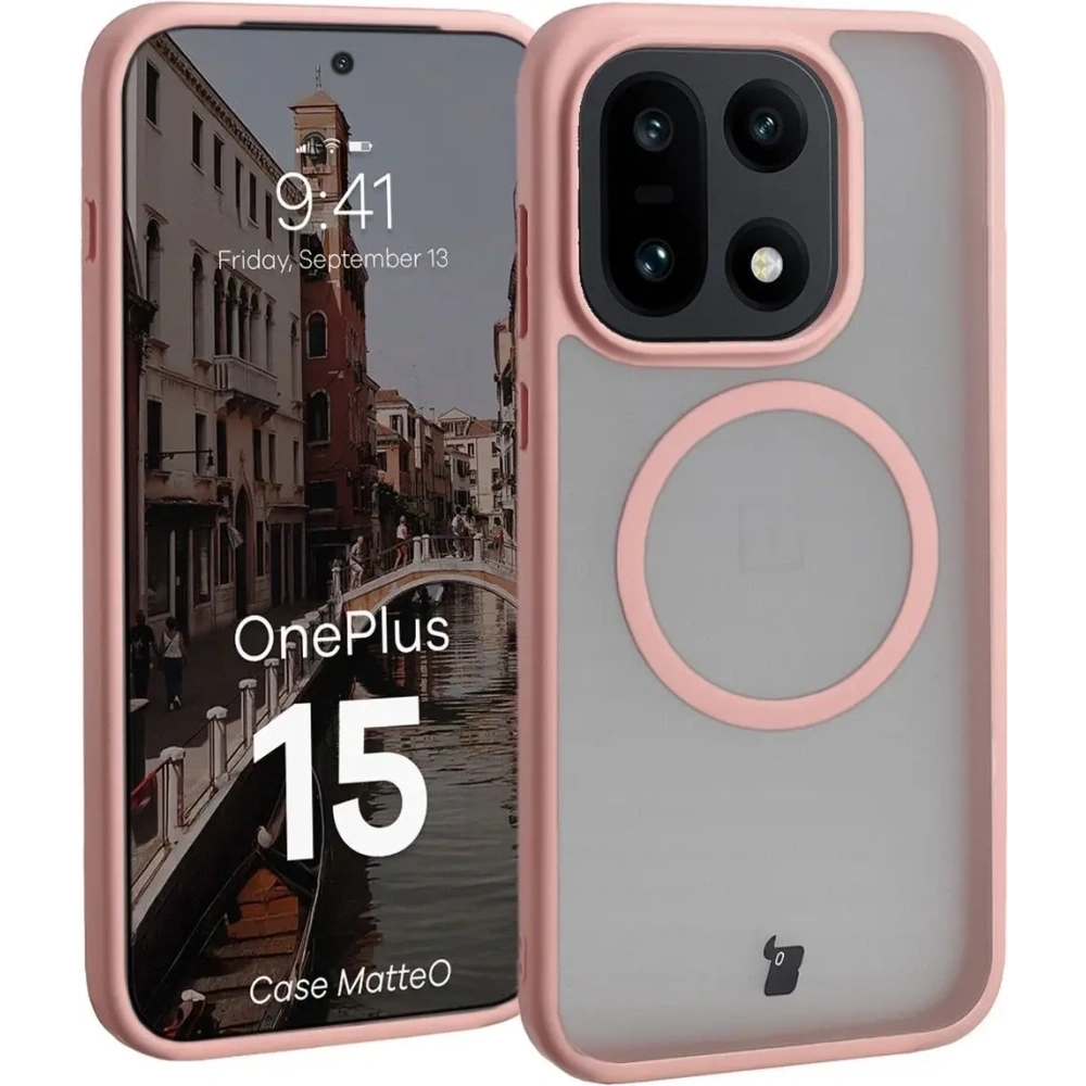 Etui z pierścieniem magnetycznym Bizon Case MatteO do OnePlus 15 przydymione-jasnoróżowe