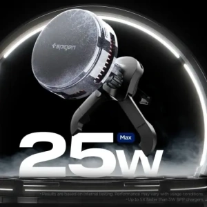 Uchwyt samochodowy do kratki z ładowarką indukcyjną Spigen Essential EV25MFAQ Qi2.2 Peltier Magnetic MagSafe Vent Car Mount Wireless Charger Black