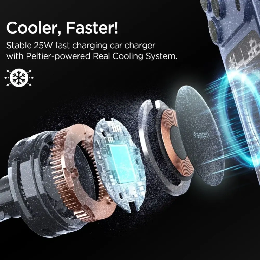 Uchwyt samochodowy do kratki z ładowarką indukcyjną Spigen Essential EV25MFAQ Qi2.2 Peltier Magnetic MagSafe Vent Car Mount Wireless Charger Black