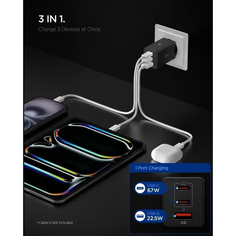 Ładowarka sieciowa Spigen Essential EE673EU USB-A, 2xUSB-C Network Charger 67W Black