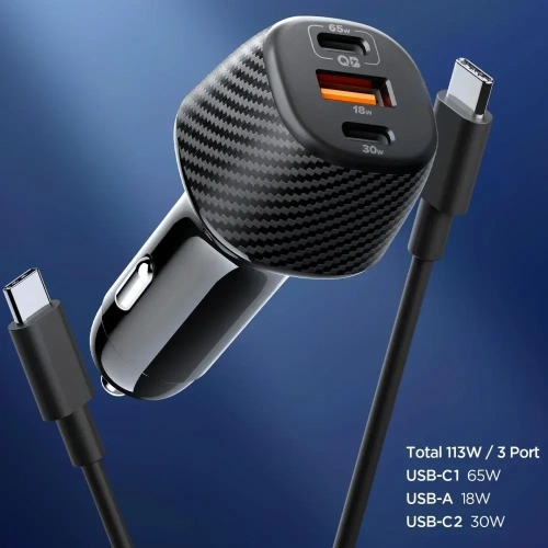 Ładowarka samochodowa Spigen Essential EV1133 USB-A 18W, USB-C 30W, USB-C 65W Car Charger 113W Black