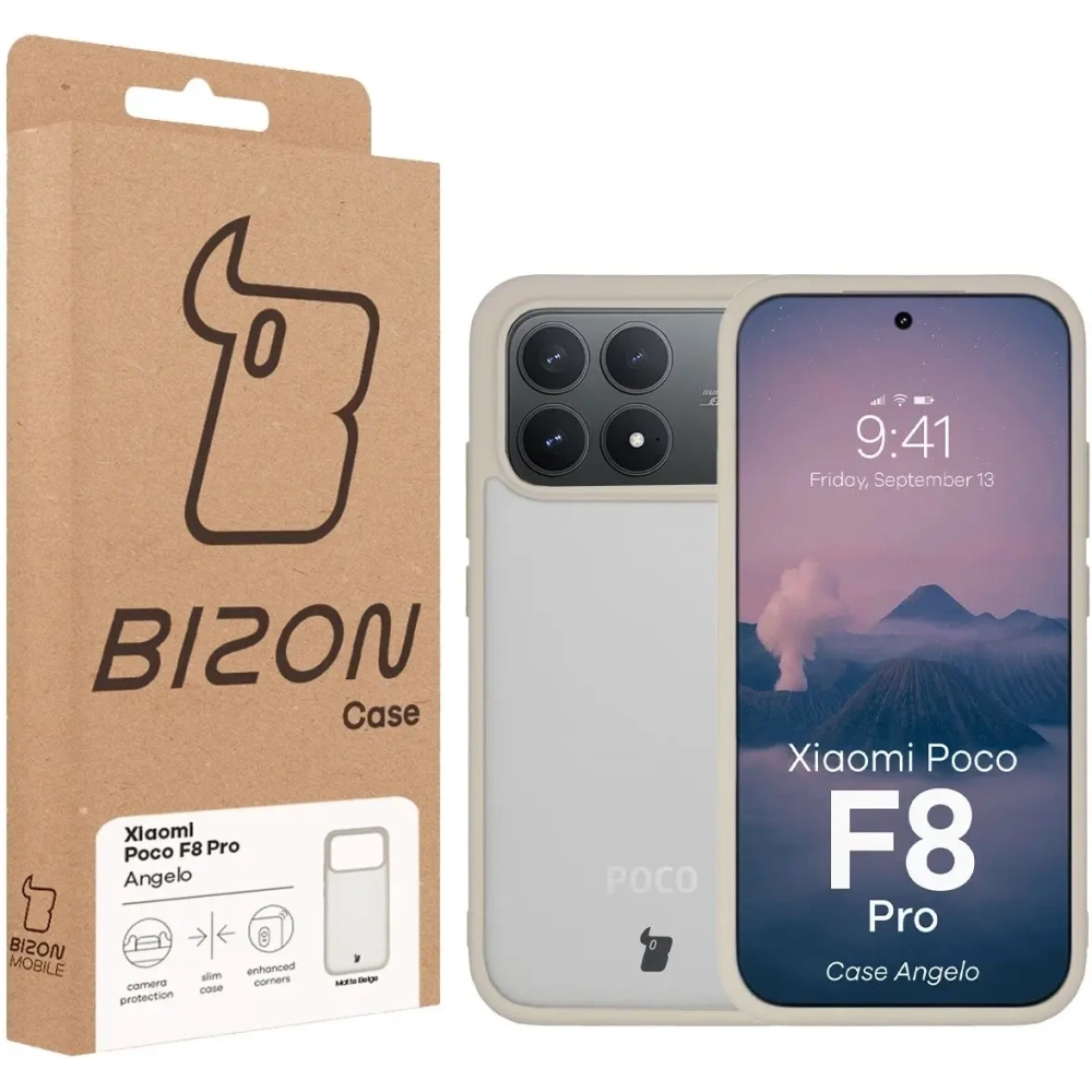 Etui Bizon Case Angelo do Xiaomi POCO F8 Pro półprzezroczyste z beżową ramką