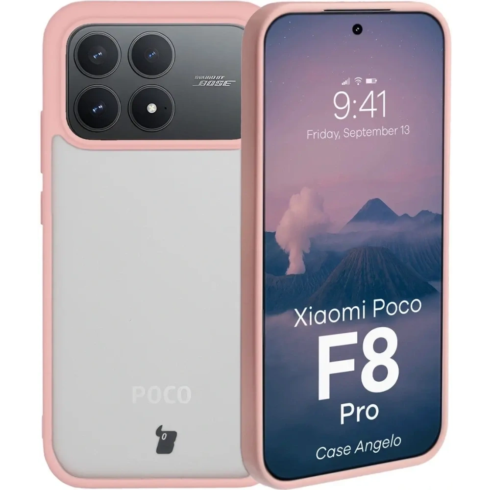 Etui Bizon Case Angelo do Xiaomi POCO F8 Pro półprzezroczyste z jasnoróżową ramką