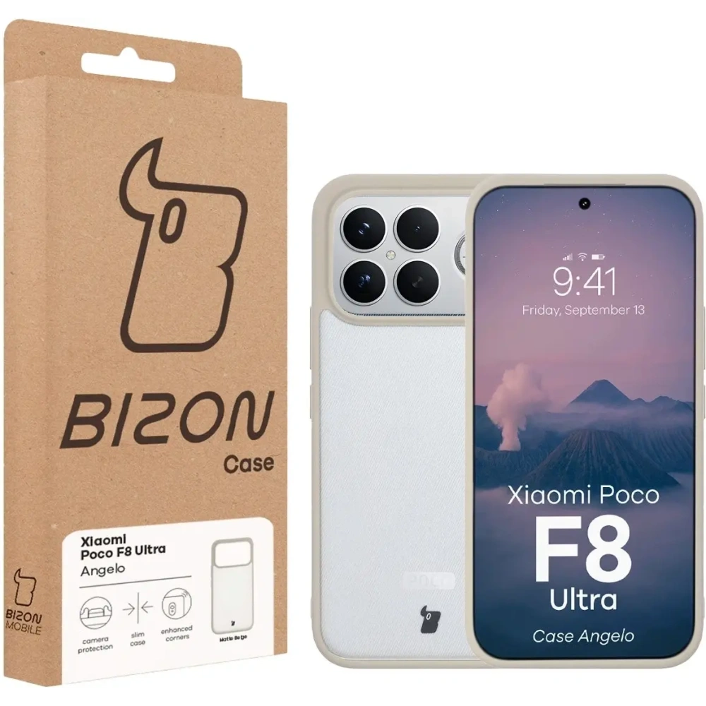 Etui Bizon Case Angelo do Xiaomi POCO F8 Ultra półprzezroczyste z beżową ramką