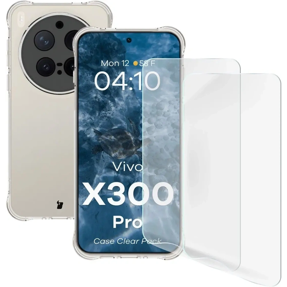Elastyczne etui + 2x folia na ekran Bizon Case Clear Pack do Vivo X300 Pro